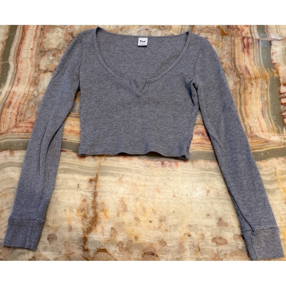 TNA Aritzia Women's Wafflex Scoopneck Notch‎ Crop Top Gray Long Sleeve Thermal S